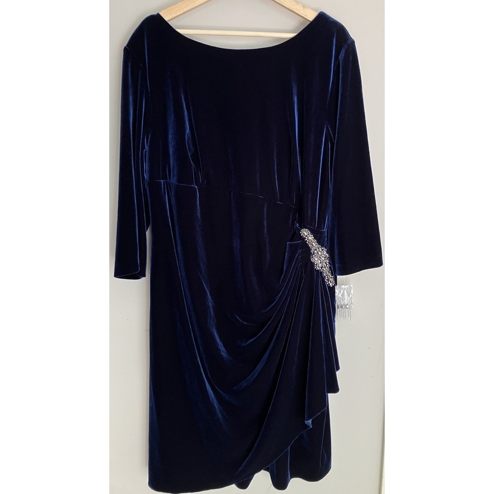 Alex Evenings Womens 22W Navy Blue Velvet Gown Rhinestone Cluster Ruched Sheath